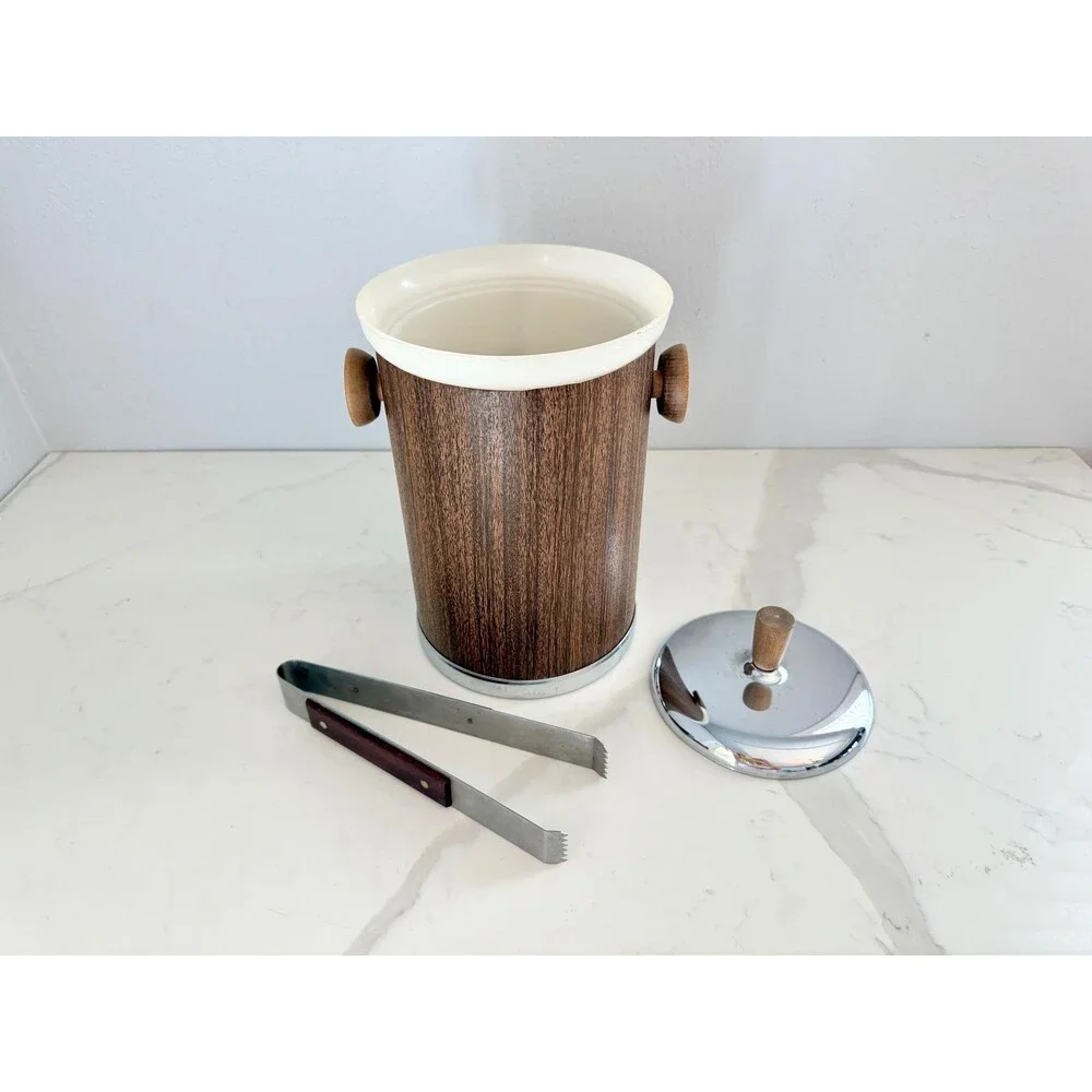 Vintage 1960s Kromex Ice Bucket with Tongs - Marked Made in USA Bar Cart